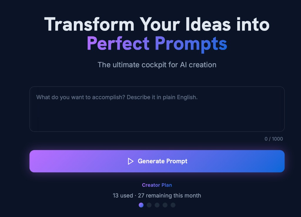 Screenshot: BuildMyPrompt generator with goal input and Build my prompt button