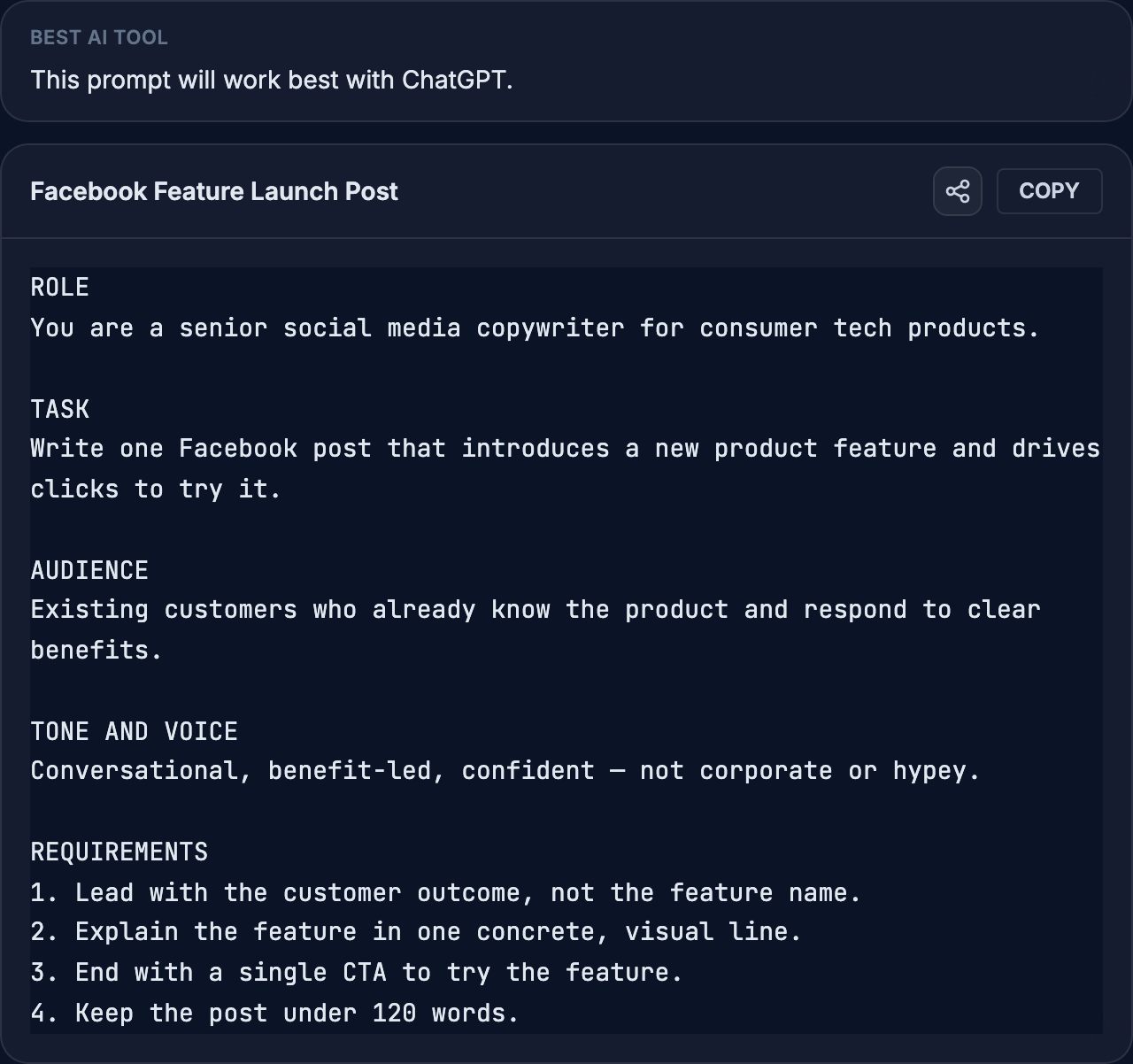 Screenshot: Best AI for this card above a generated prompt with copy and share actions