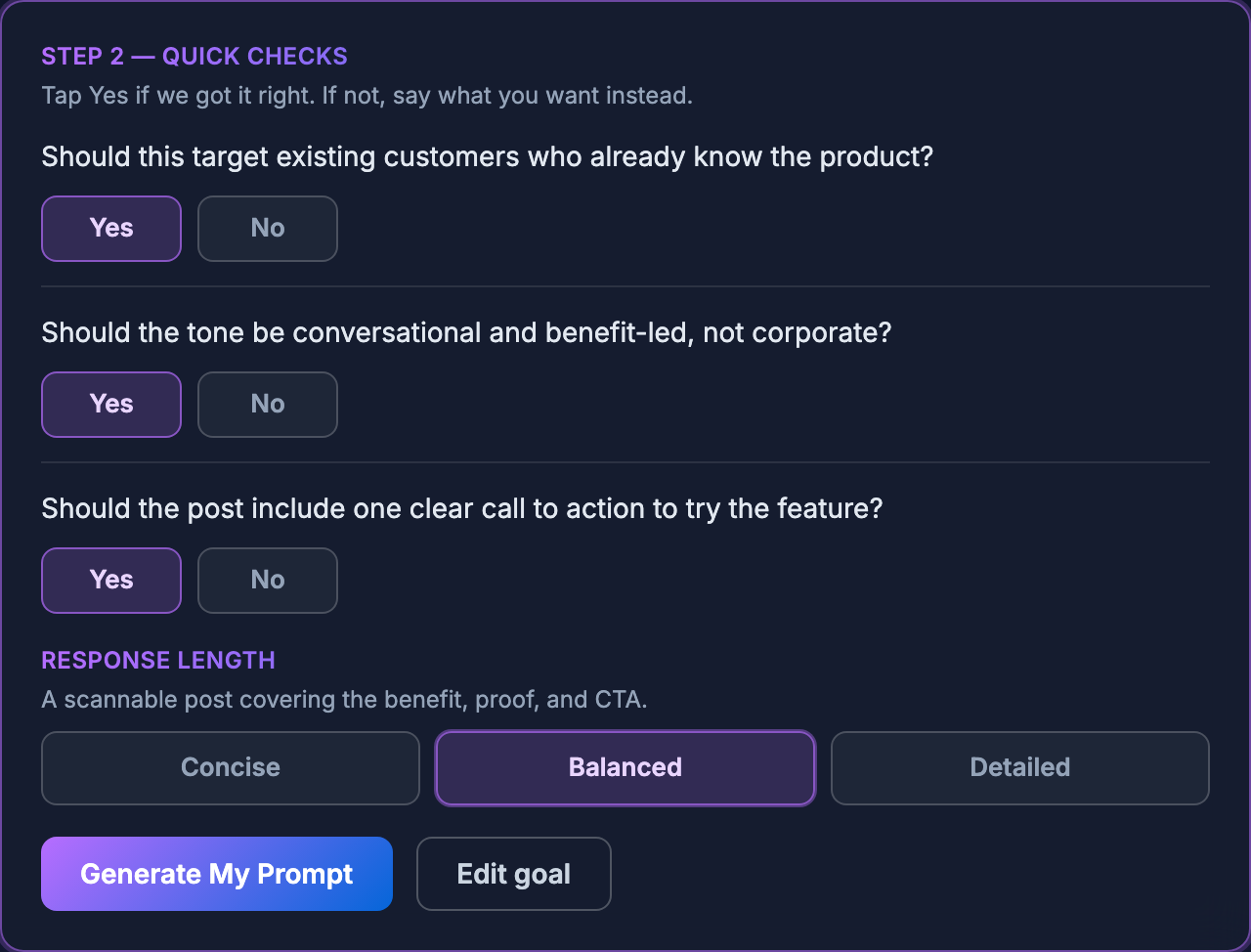Screenshot: Step 2 quick checks with yes/no clarifying questions, response length, and Generate My Prompt
