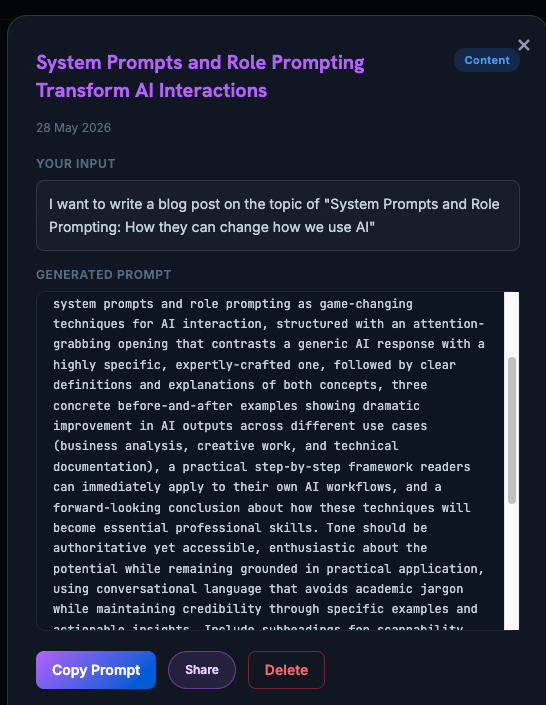 Screenshot: history detail with original input and full generated prompt