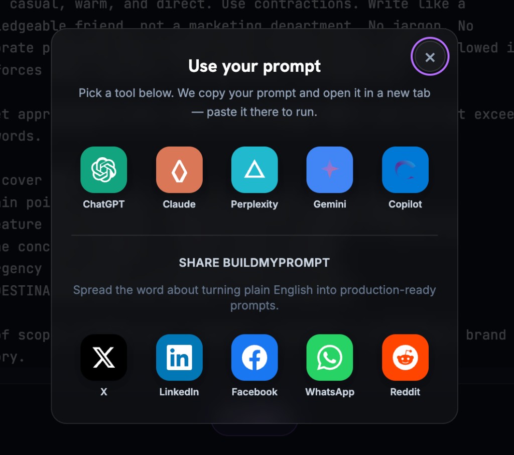 Screenshot: Use your prompt modal with AI tool shortcuts and social share options